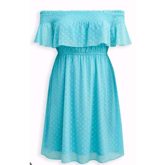 Torrid Off Shoulder Blue Midi Spring Summer with Pockets Ruffle Lined dress 1 - Picture 5 of 10